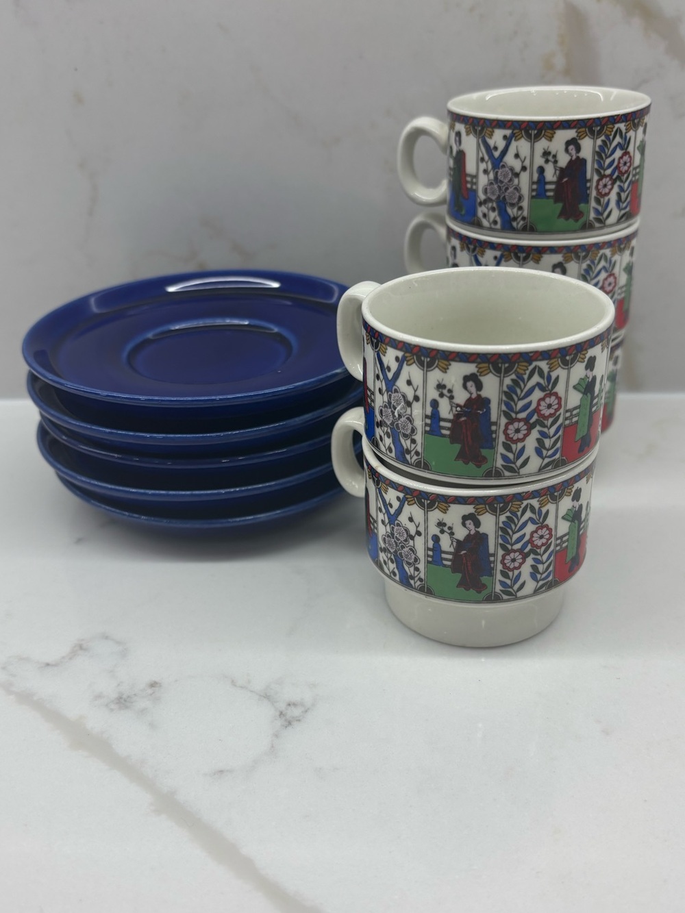 Set of 5 Stackable Espresso Cups and Saucers Weidmann Geisha Japanese Garden